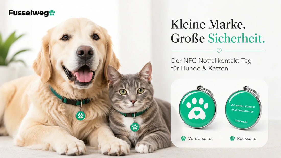 Hund und Katze mit Fusselweg NFC Notfallmarke für schnellen WhatsApp Notfallkontakt bei entlaufenem Haustier