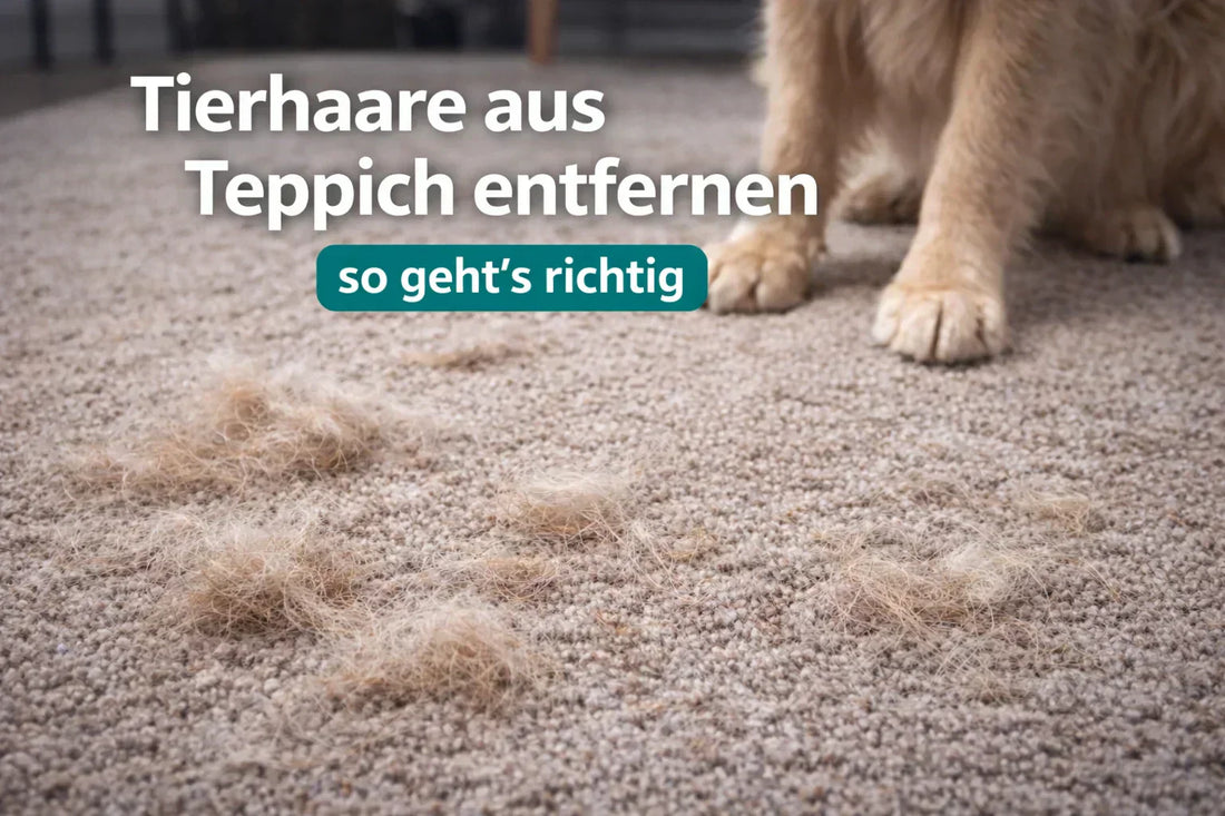 Tierhaare auf hellem Teppich mit Hundepfoten im Bild – Ratgeberbild zum Entfernen von Tierhaaren aus Teppichen.