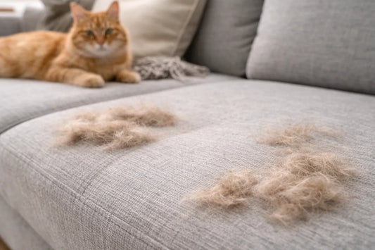 Tierhaare auf grauem Polstersofa mit Katze im Hintergrund