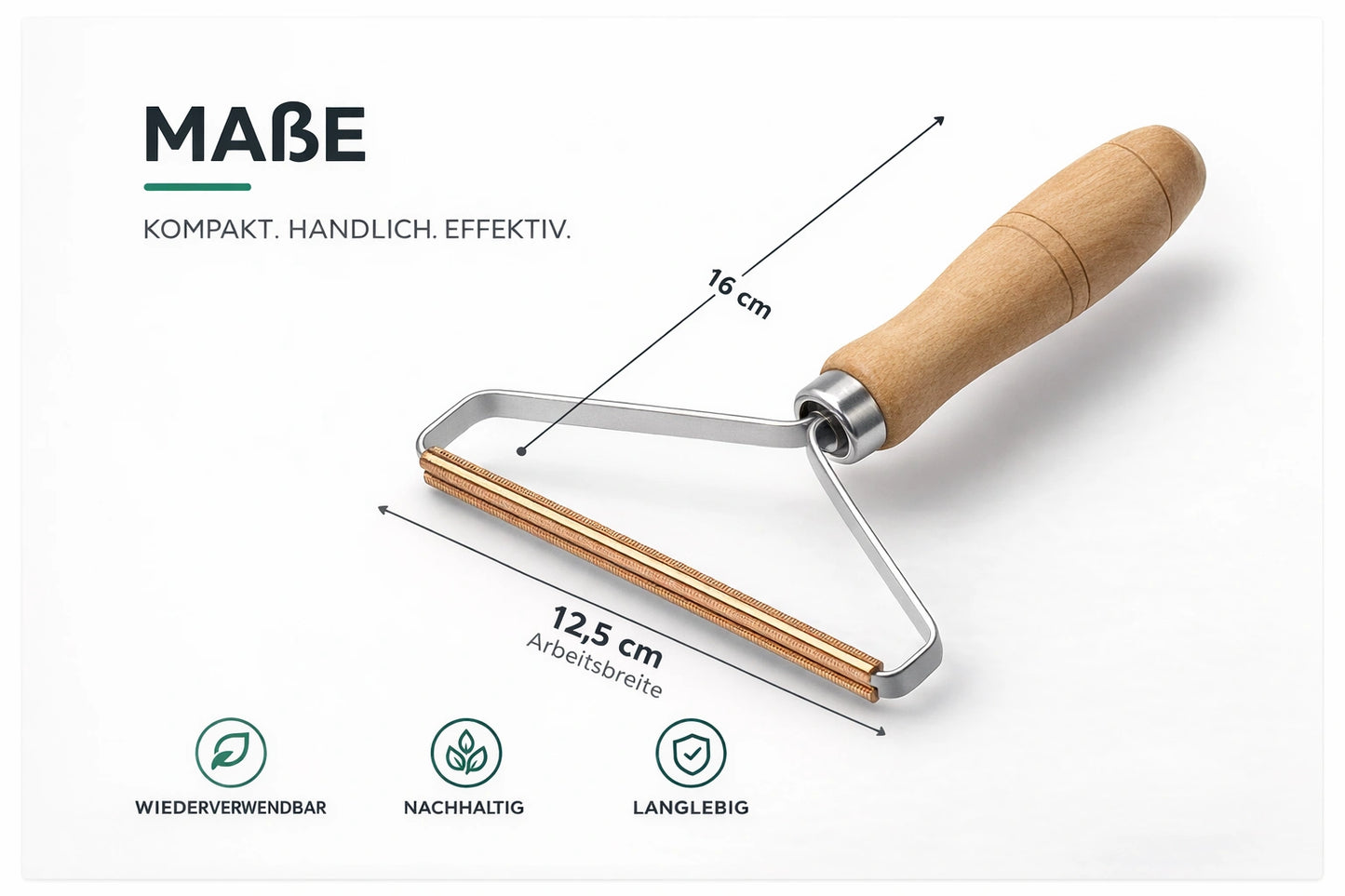 Maßgrafik des Fusselweg Holz-Tierhaarentferners mit 16 cm Gesamtlänge und 12,5 cm Arbeitsbreite des Kupferkopfs auf hellem Hintergrund