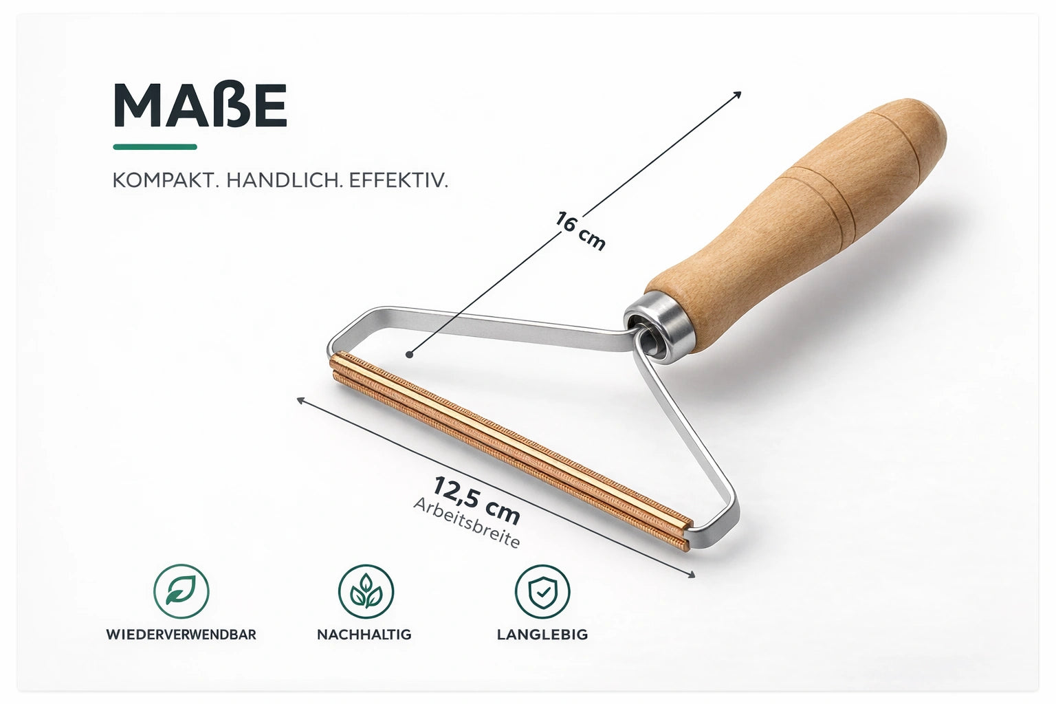 Maßgrafik des Fusselweg Holz-Tierhaarentferners mit 16 cm Gesamtlänge und 12,5 cm Arbeitsbreite des Kupferkopfs auf hellem Hintergrund
