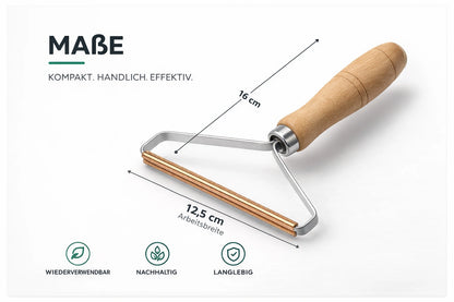 Maßgrafik des Fusselweg Holz-Tierhaarentferners mit 16 cm Gesamtlänge und 12,5 cm Arbeitsbreite des Kupferkopfs auf hellem Hintergrund