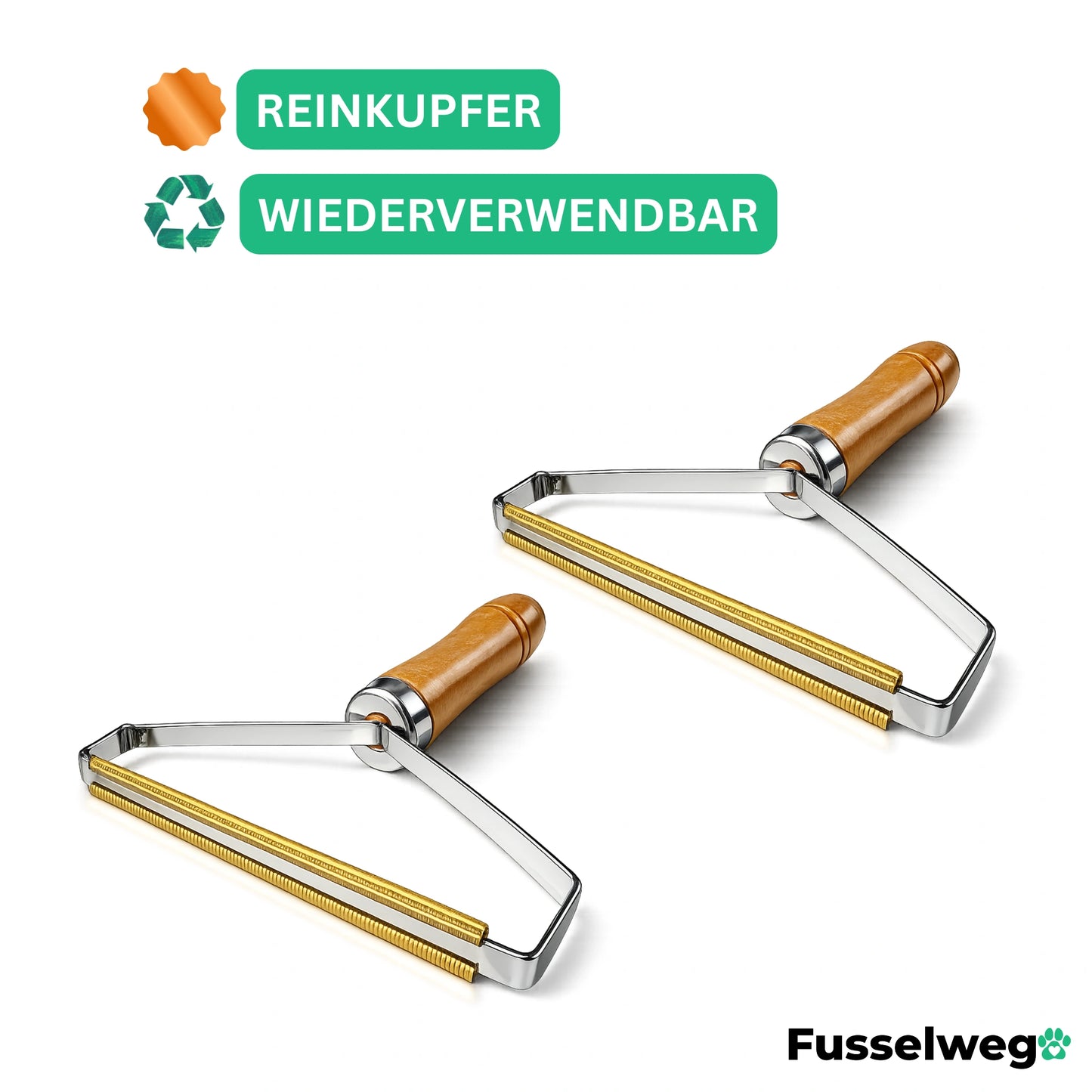 Fusselweg Tierhaarentferner 2er-Set aus Reinkupfer, wiederverwendbar zum Entfernen von Hundehaaren und Katzenhaaren auf Sofa, Couch, Teppich und Auto