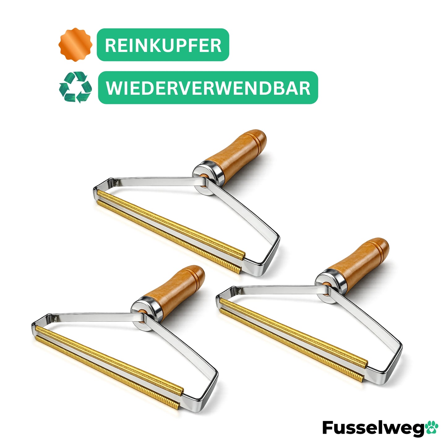 Fusselweg Tierhaarentferner 3er-Set aus Reinkupfer, wiederverwendbar zum Entfernen von Tierhaaren auf Sofa, Couch, Polstern, Teppich und im Auto